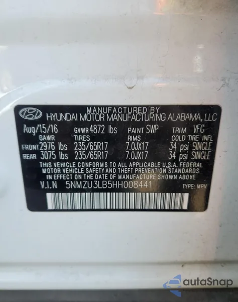 2017 Hyundai Santa Fe Sport z USA, uszkodzony, nr VIN 5NMZU3LB5HH008441